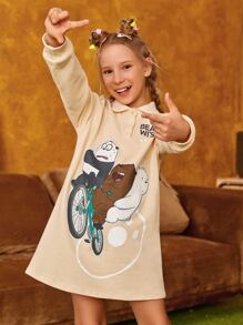 We Bare Bears X SHEIN 女孩卡通和字母圖案落肩袖衛衣洋裝