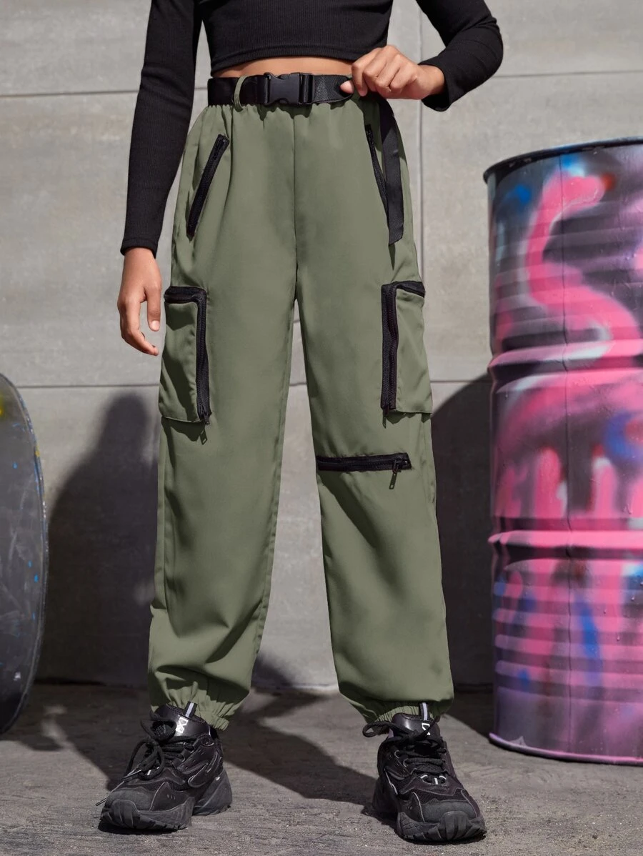 SHEIN Tenage女孩工裝褲總扣帶式腰帶，翻邊腳踝 - 軍綠色 - 查看 1