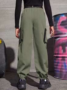 SHEIN Tenage女孩工裝褲總扣帶式腰帶，翻邊腳踝 - 軍綠色 - 查看 2