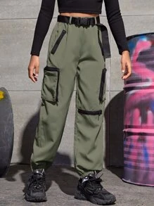 SHEIN Tenage女孩工裝褲總扣帶式腰帶，翻邊腳踝 - 軍綠色 - 查看 3