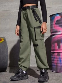 SHEIN Tenage女孩工裝褲總扣帶式腰帶，翻邊腳踝 - 軍綠色 - 查看 4