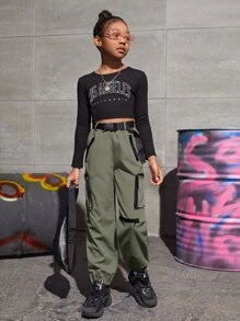 SHEIN Tenage女孩工裝褲總扣帶式腰帶，翻邊腳踝 - 軍綠色 - 查看 5