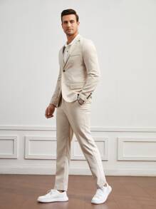 GENTILAND Men Single Breasted Blazer & Trousers - Beige - View 4