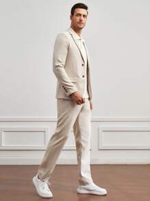 GENTILAND Men Single Breasted Blazer & Trousers - Beige - View 5