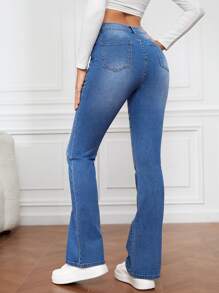 SHEIN Tall High Waist Bleach Wash Flare Leg Jeans - Medium Wash - View 2