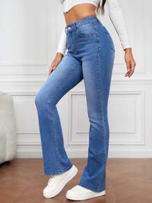 SHEIN Tall High Waist Bleach Wash Flare Leg Jeans - Medium Wash - View 3