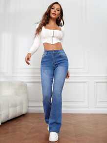 SHEIN Tall High Waist Bleach Wash Flare Leg Jeans - Medium Wash - View 5