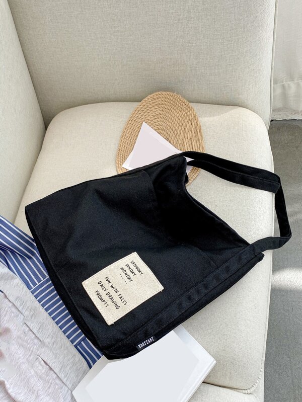 Patch Decor Shoulder Tote Bag School Bag For Graduate, Teen Girls