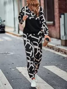 SHEIN LUNE All Over Letter Graphic Drop Shoulder Sweatshirt & Joggers - Black and White - View 1