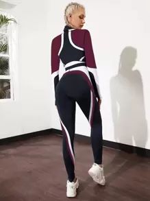 Easithlete 2 件套透气拼色健身瑜伽服健身房服装套装半拉链上衣和半拉链上衣和紧身裤 - 彩色 - 查看 2