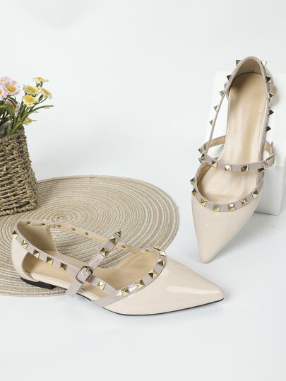 Fall/Winter Studded Decor Point Toe Mary Jane Flats, Apricot Color Fashionable Studded Solid Color Women's Flat Shoes