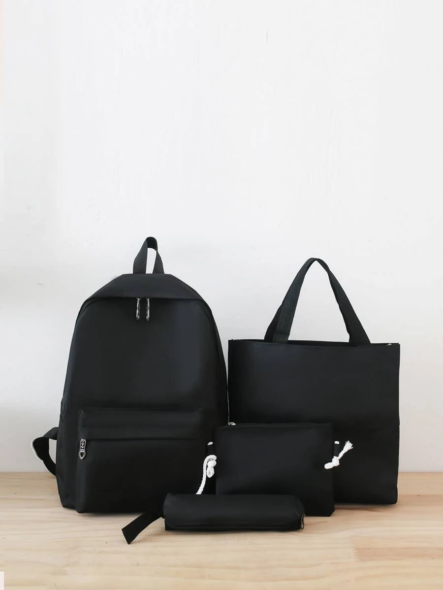4pcs Minimalist Functional Backpack Set School Bag Set For Graduate, Teen Girls, Freshman, Sophomore, Junior & Senior In College, University & High School, Perfect For Outdoors ,Travel & Back To School - Black - View 1