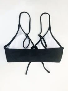 SHEIN Swim Top bikini de canalé con nudo delantero - Negro - Ver 2