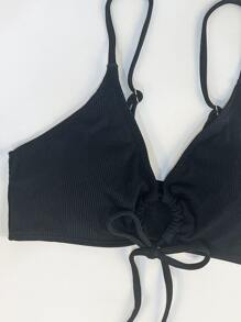 SHEIN Swim Top bikini de canalé con nudo delantero - Negro - Ver 3