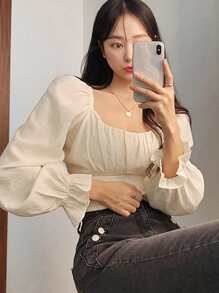 DAZY Flounce Sleeve Scoop Neck Ruched Bust Blouse - Apricot - View 2