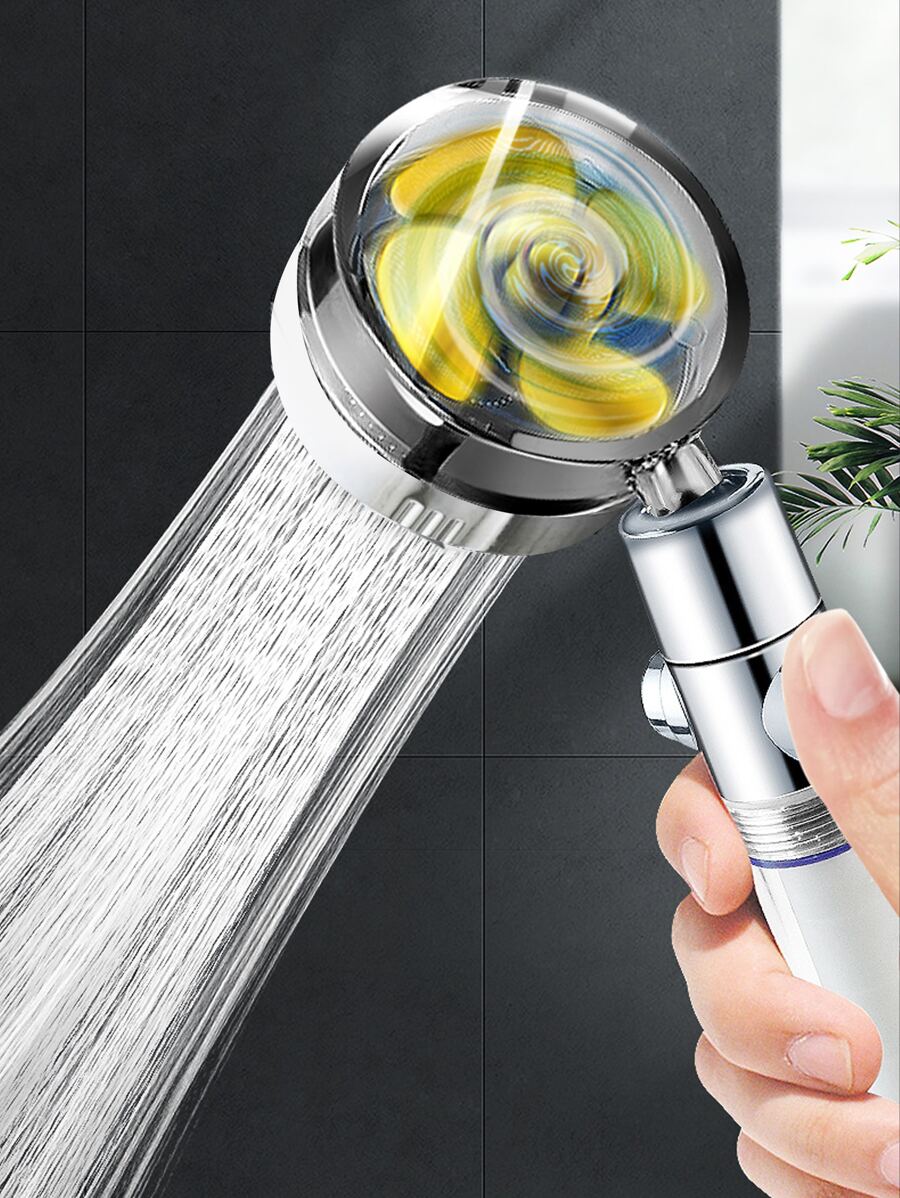 淋浴噴頭節水流量360度旋轉帶小風扇ABS防雨高壓噴頭浴室配件 - 銀色 - 查看 1