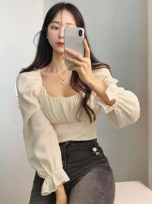 DAZY Flounce Sleeve Scoop Neck Ruched Bust Blouse - Apricot - View 4