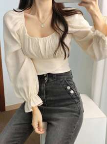 DAZY Flounce Sleeve Scoop Neck Ruched Bust Blouse - Apricot - View 5