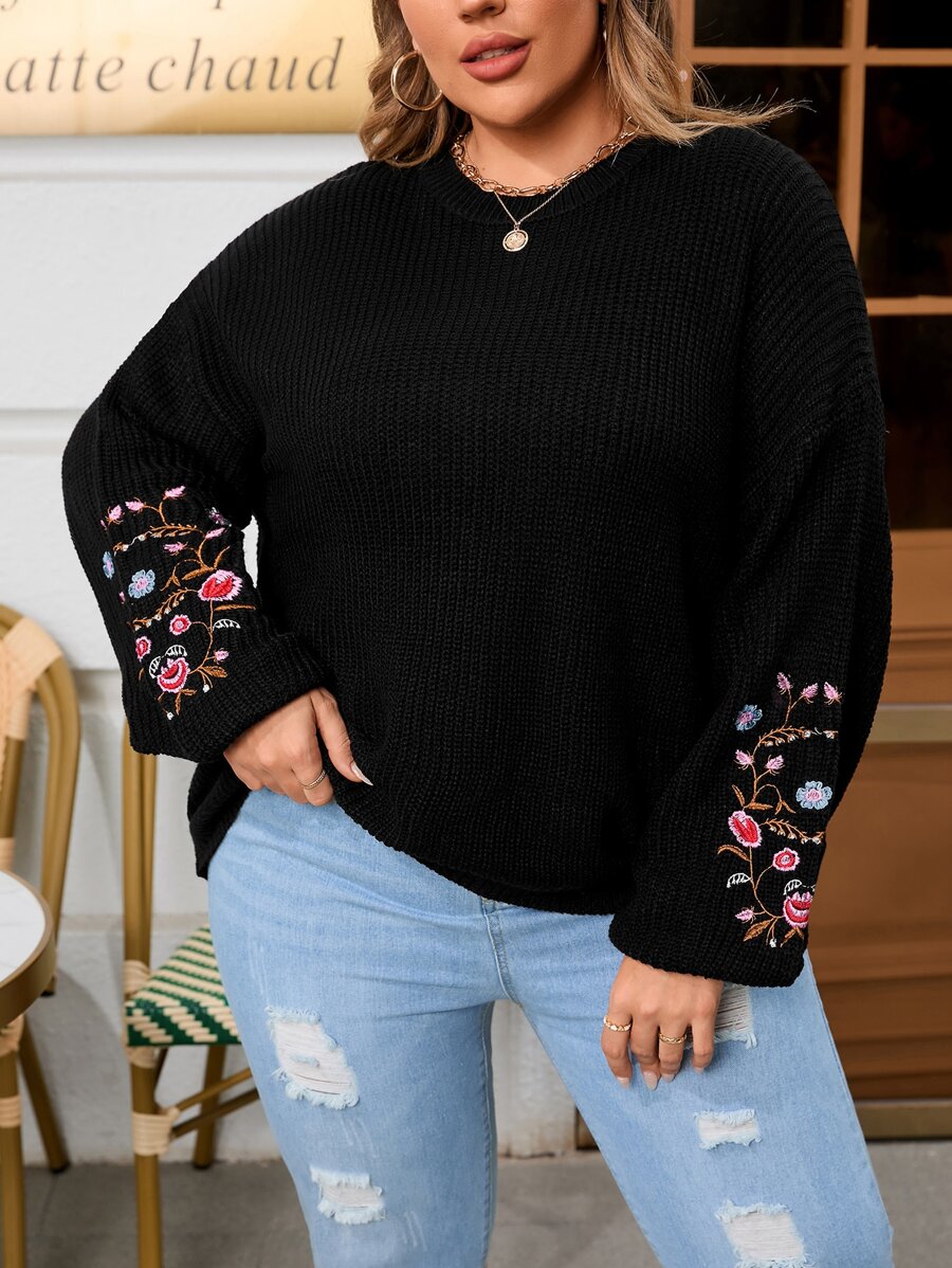 SHEIN LUNE Plus Floral Embroidery Drop Shoulder Jumper - Black - View 1