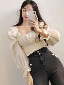 DAZY Flounce Sleeve Scoop Neck Ruched Bust Blouse - Apricot - View 6