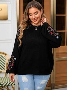 SHEIN LUNE Plus Floral Embroidery Drop Shoulder Jumper - Black - View 4