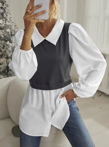 SHEIN Unity Top 2 en 1 de color combinado de manga farol - Gris - Ver 3