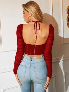 後背繫帶褶邊手帕下擺網紗短款腰封上衣 - 紅色 - 查看 2