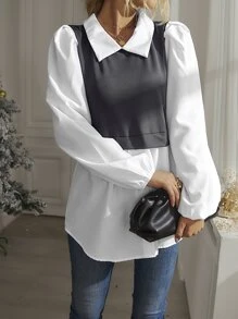 SHEIN Unity Top 2 en 1 de color combinado de manga farol - Gris - Ver 5