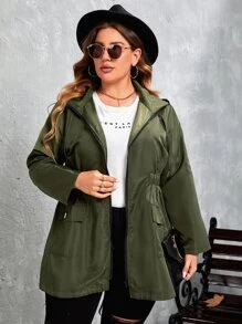 SHEIN LUNE 大碼腰部抽繩連帽防風夾克 - 軍綠色 - 查看 1