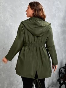 SHEIN LUNE 大碼腰部抽繩連帽防風夾克 - 軍綠色 - 查看 2