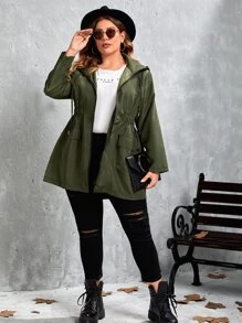 SHEIN LUNE 大碼腰部抽繩連帽防風夾克 - 軍綠色 - 查看 3
