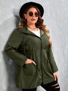 SHEIN LUNE 大碼腰部抽繩連帽防風夾克 - 軍綠色 - 查看 4