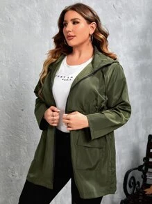 SHEIN LUNE 大碼腰部抽繩連帽防風夾克 - 軍綠色 - 查看 5