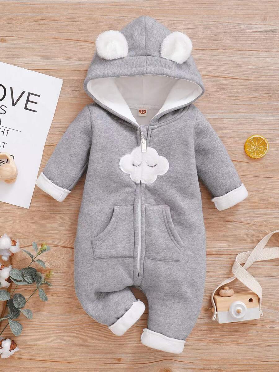 Đứa bé gái Tai 3D vá Dây kéo mặt trước áo có mũ Áo liền quần - Xám - Xem 1