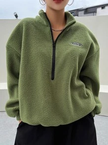 DAZY Patched Detail Drop Shoulder Half Zip Fleece Sweatshirt,Long Sleeve Tops,Fall Women Clothes - Lime Green - View 6