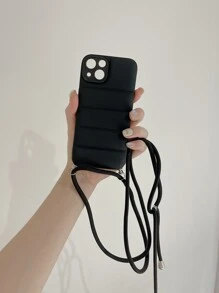 素色絎縫手機殼附帶繩子 - 黑色 - 查看 2
