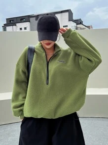 DAZY Patched Detail Drop Shoulder Half Zip Fleece Sweatshirt,Long Sleeve Tops,Fall Women Clothes - Lime Green - View 8