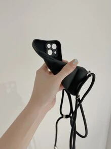 素色絎縫手機殼附帶繩子 - 黑色 - 查看 3