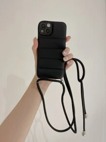 素色絎縫手機殼附帶繩子 - 黑色 - 查看 4