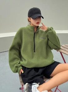 DAZY Patched Detail Drop Shoulder Half Zip Fleece Sweatshirt,Long Sleeve Tops,Fall Women Clothes - Lime Green - View 7