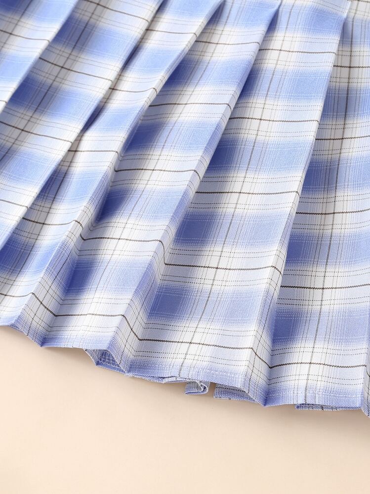 SHEIN Tween Girl 蓝白格子印花防闪烁分层裙 - 藍白色 - 查看 3