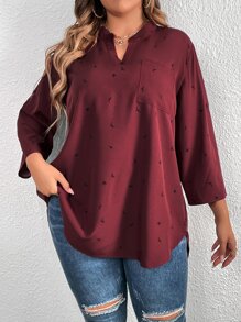 SHEIN LUNE Plus Graphic Print Roll Tab Sleeve High Low Hem Blouse - Maroon - View 3