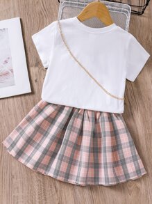 SHEIN Bộ thời trang bé gái Sọc ca rô Nhiều màu Sẵn sàng - Nhiều màu - Xem 2