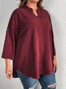 SHEIN LUNE Plus Graphic Print Roll Tab Sleeve High Low Hem Blouse - Maroon - View 4