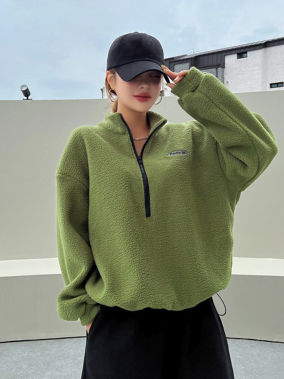 Patched Detail Drop Shoulder Half Zip Fleece Sweatshirt,Long Sleeve Tops,Fall Women Clothes
