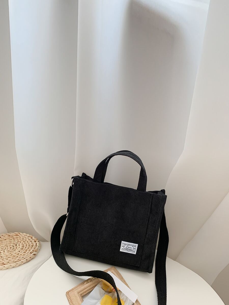 Lightweight,Business Casual Letter Patch Corduroy Tote Bag, Casual Shoulder Bag Retro Style Crossbody Bag With Double Handle For Teen Girls Women College Students,Rookies & White-collar Workers Perfect for Office,College,Work ,Business,Commute - Black - View 1