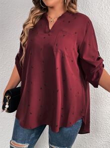 SHEIN LUNE Plus Graphic Print Roll Tab Sleeve High Low Hem Blouse - Maroon - View 5