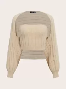 SHEIN ICON Two Piece Set Dolman Sleeve Shrug Cardigan & Tube Knit Top - Khaki - View 1