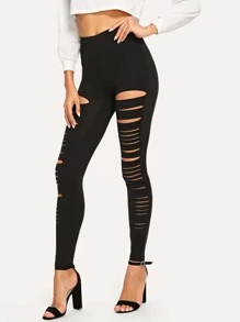 SHEIN BAE Ripped Solid Leggings - Black - View 1