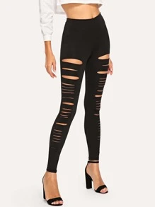 SHEIN BAE Ripped Solid Leggings - Black - View 3